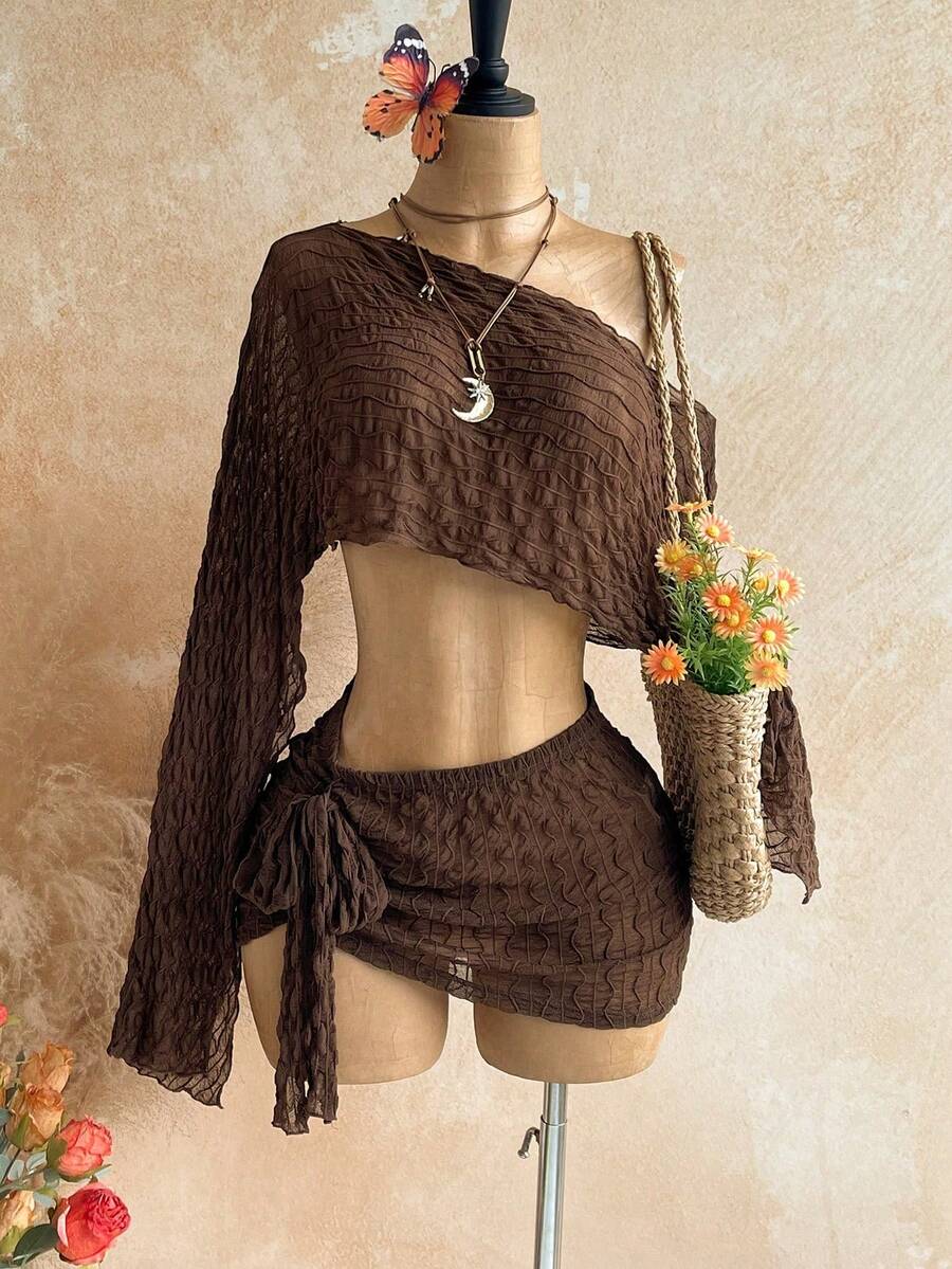 Conjunto de 2 piezas de top corto con hombro asimétrico y minifalda de unicolor para vacaciones de verano de mujer - Marrón - Ver 1