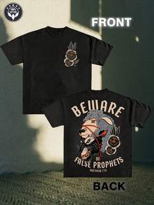 Cuidado con los Falsos Profetas Mateo:15 Camiseta de Algodón con Diseño Cristiano - Estilo Vintage Unisex, Manga Corta Holgada, Estampado de Lobo y Flores, Ropa Casual para Todas las Tempo - Negro - Ver 1