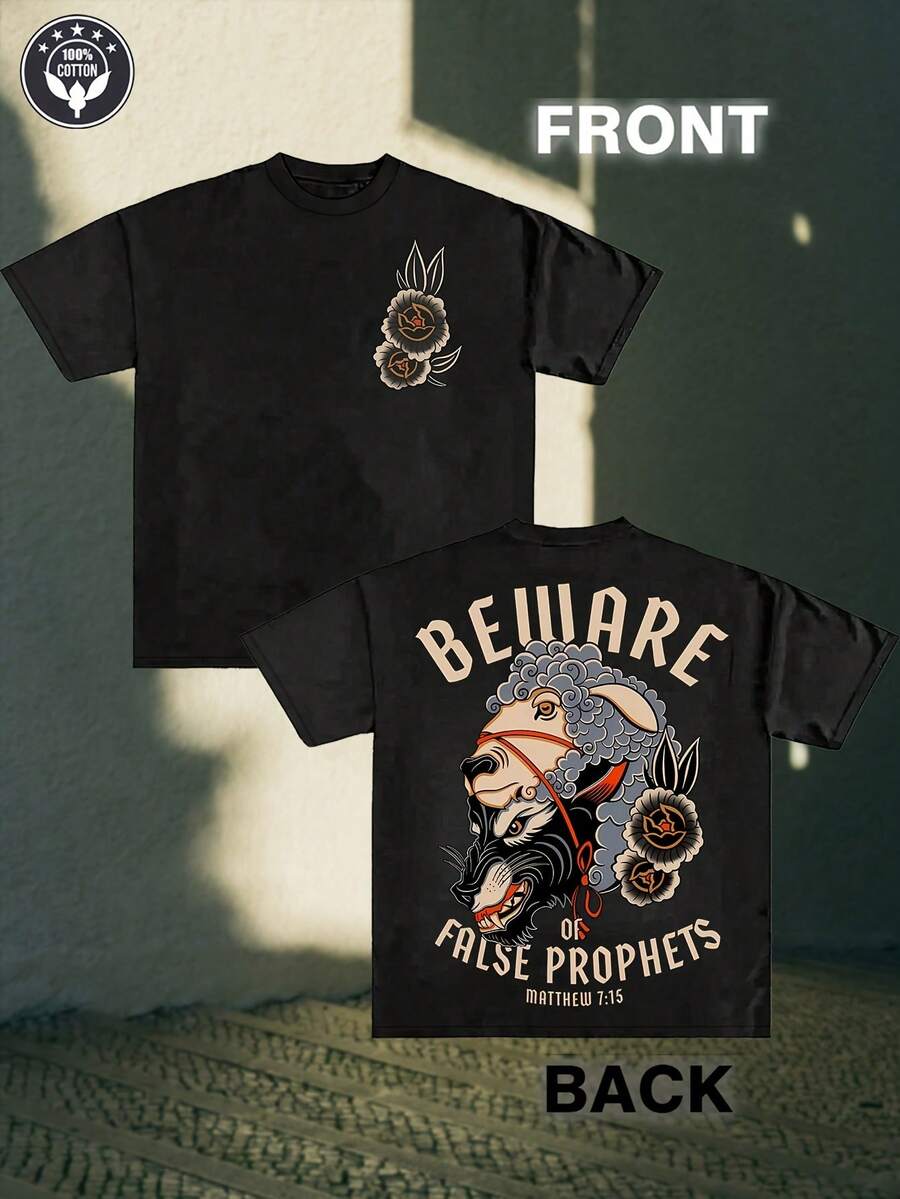 Cuidado con los Falsos Profetas Mateo:15 Camiseta de Algodón con Diseño Cristiano - Estilo Vintage Unisex, Manga Corta Holgada, Estampado de Lobo y Flores, Ropa Casual para Todas las Tempo - Negro - Ver 1