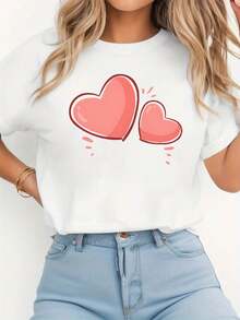 Minimalist Plus-Size T-Shirt With A Heart Print For Women, Casual Crew Neck, Spring/Summer Fashion. Perfect To Express Love, A Romantic Gift For Your - 白色 - 查看 1