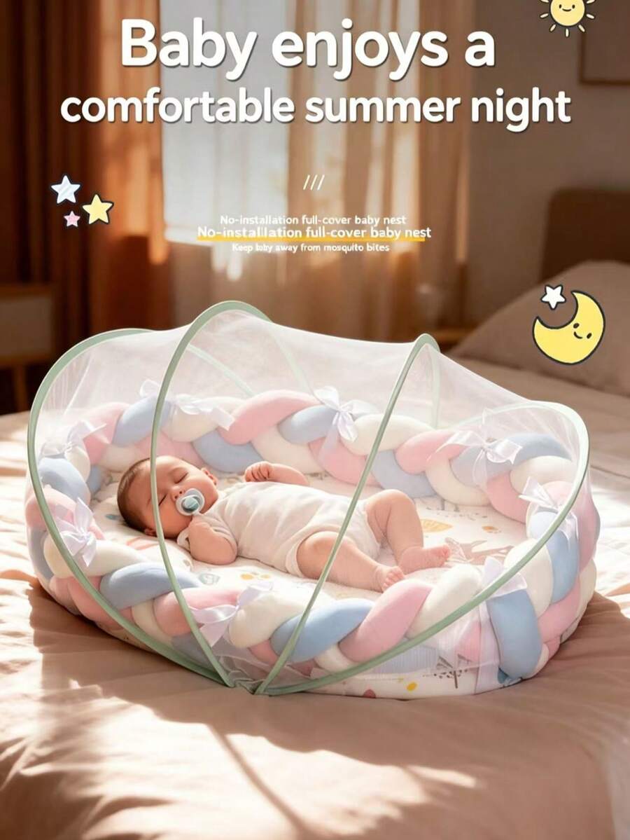 1pc Braided Edge Portable Baby Nest Bed, All-In-One Encrypted Mosquito Net Baby Bed, Foldable Newborn Soothing Sleeping Pad, Summer Mosquito-Proof Baby Bedside Crib - Multicolor - View 1