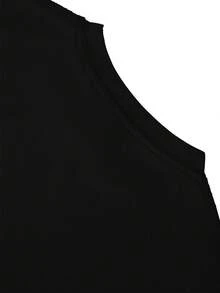 Camiseta de verano para mujer, 100% algodón, estampada por ambos lados, de talla grande, cuello redondo, hombros caídos, cómoda y holgada. - Negro - Ver 4