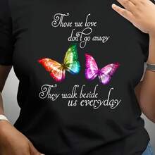 Camiseta casual de mujer con cuello redondo y estampado, con patrones de mariposas coloridas y frases motivadoras, diseño con estampado de letras de mariposas coloridas, tela transpirable de - negro - Ver 2