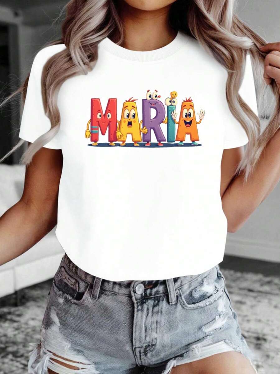 Camiseta Casual para Mujer con un Divertido Diseño de Dibujos Animados de María en Color Sólido - negro - Ver 1