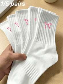 1/5 Pares de Meias Cano Médio Brancas com Laço Rosa para Mulheres, Minimalista Confortável Doce Macia, Adequada para Uso Diário, Esportes, Festas, Todas as Estações - Branco - Visão 1
