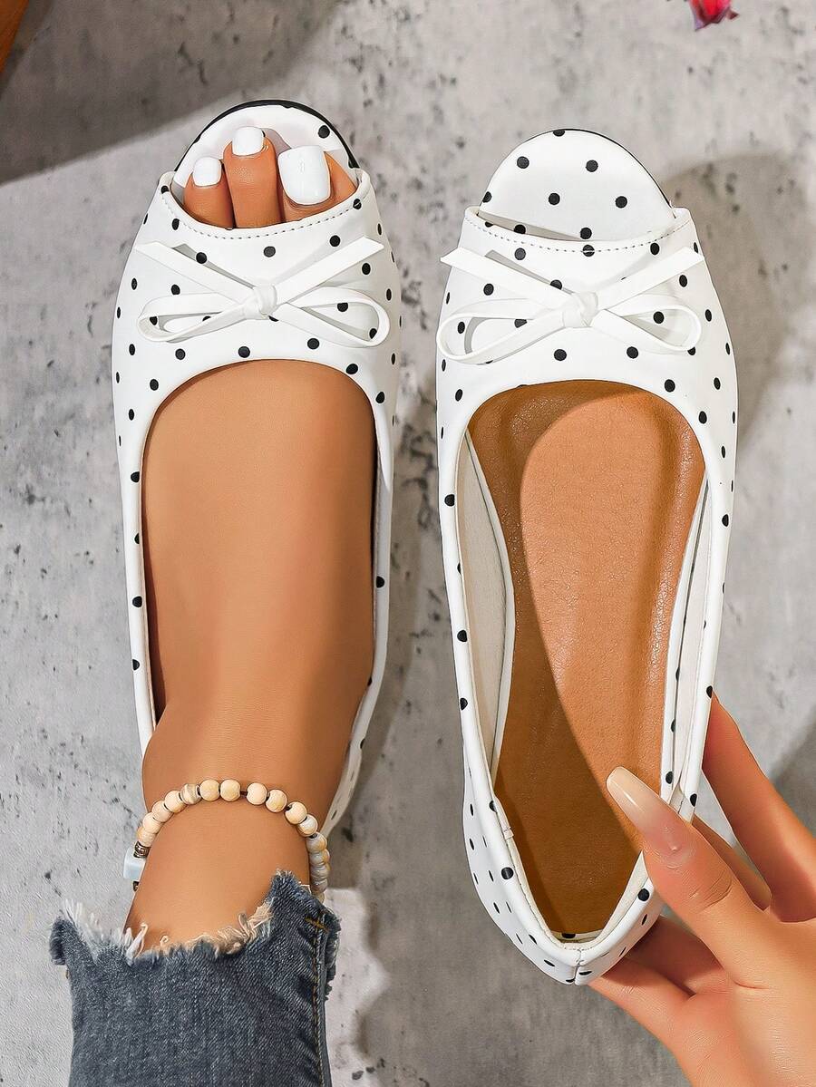 Women's Fashion Round Toe Open Toe Spring Summer Plus Size Slip-On Comfortable Elegant Flat Sandals - White Polka Dot Bow - View 1