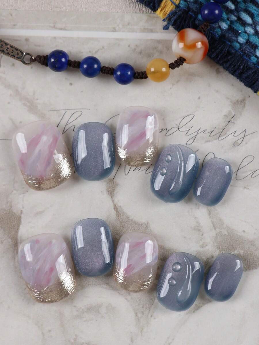 10pcs Press On Nails White Golden French Style Blue Cat Eyes Nails Press On Nail Supplies Press On Short Nails Fake Nails Office Daily Wear False Nails Artificial Nails Kit Includes 1 Sheet Adhesive Tabs &1 Pc Mini File Handmade Press On Nails - Multicolor - View 1