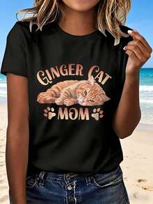 Ginger Cat Mom T Shirt With Cute Cat Print Fashion Design Casual Wear For Women Perfect Gift For Cat Lovers Beach Outing Outdoor Leisure Fun Style - Negro - Ver 12