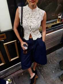 Women's New Chinese Style Frog Button Lace Vest, Stand Collar Sleeveless Crop Top, Modified Cheongsam Style Tank Summer - White - View 8
