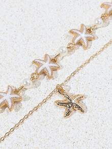 1pc Bohemian Style Starfish & Faux Pearl Layered Gold Chain Anklet, Versatile Beach Vacation Accessory - Multicolor - View 2