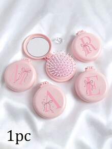 1pc Pink Bow 26 Letters Round Folding Comb With Mirror, Portable Compact 2-In-1 Makeup Mirror Comb, Women's Mini Foldable Cushion Massage Comb, Suitable For Wedding, Office, Business Trip, Performance, Back To School, Travel Essential - Multicolor - View 2