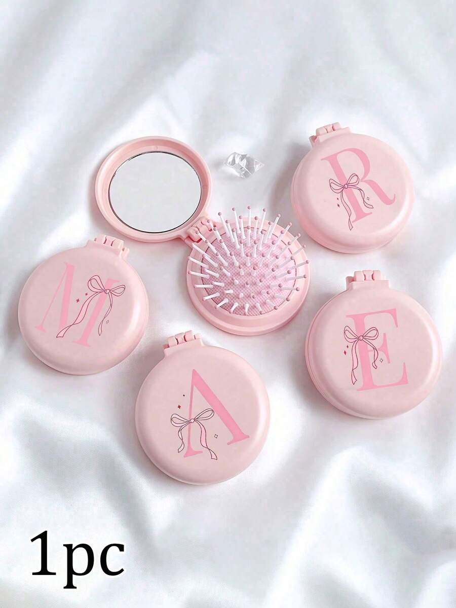 1pc Pink Bow 26 Letters Round Folding Comb With Mirror, Portable Compact 2-In-1 Makeup Mirror Comb, Women's Mini Foldable Cushion Massage Comb, Suitable For Wedding, Office, Business Trip, Performance, Back To School, Travel Essential
