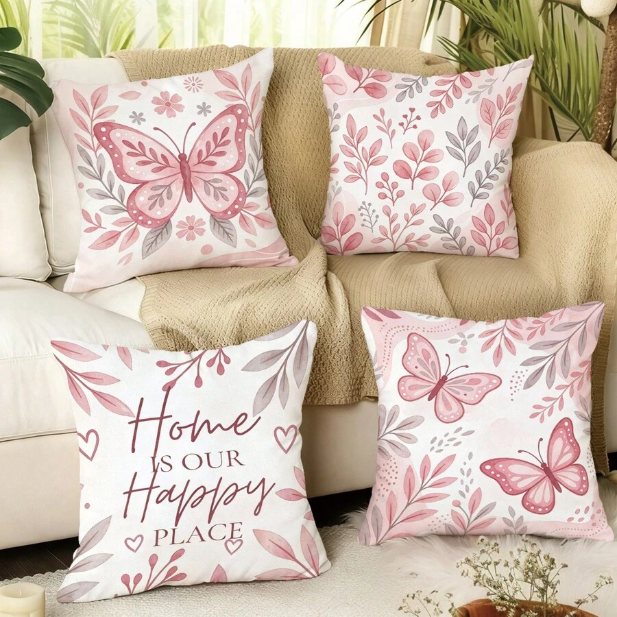 MEMNUN 4pcs Peach Grey Bohemian Butterfly Floral Heart Text Print Pattern Throw Pillow Covers [Pillow Insert Not Included] 45*45cm/50*50cm/40*40cm [Single-Sided Print] "Home Is Our Happy Place" Warm Slogan Pink Romantic Floral Cushion Covers Room Decor, Home Decor, Bedroom Decor, Room Decoration Stuff For Sofa, Bed, Living Room, Bedroom, Car, Office, Hotel Decoration Throw Pillow Covers All Seasons Suitable Perfect Gift For Family And Friends - Multicolor - View 1