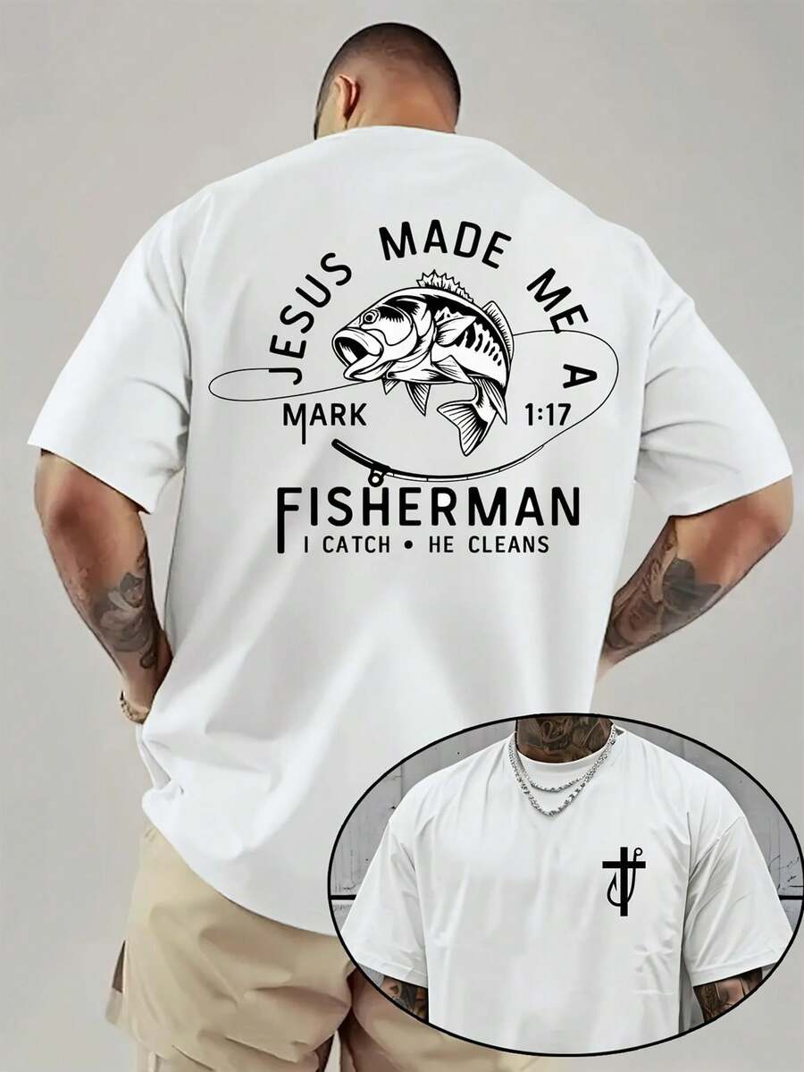 Men's Christian Fishing T-Shirt - Breathable, Short-Sleeved, And Loose-Fitting, Featuring The Phrase "He Made Me A Fisherman" And The Bible Verse Mark 1:17, Plus A Black Cross Print - 白色 - 查看 1