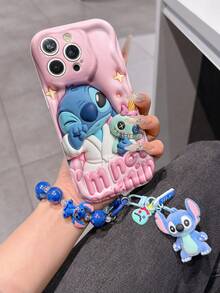 Disney Has Authorized, Phone Case - Chain Set, The Stitch Lilo & Stitch 3D Phone Case Plus A Silicone 3D Stitch Bracelet With Metallic Ring Removable Bracelet, Stitch And Angel Pattern, Compatible With Iphone17/16/15/14/13/12/11/XS/XR/X Plus Pro Max, A Stylish Cartoon Phone Case, The Perfect Gift Choice, Phone Protection, Durable Phone Cover, Great Gift For Friends And Family. - White - View 3