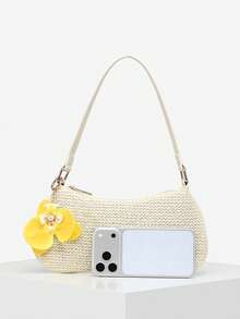 1 pieza Bolso de hombro tipo baguette para mujer, estilo vintage de vacaciones, con colgante tejido de cola de piel sintética, perlas falsas, flores de cerezo y cuentas de vida marina, adecuado para citas, salidas y vacaciones - Albaricoque - Ver 4