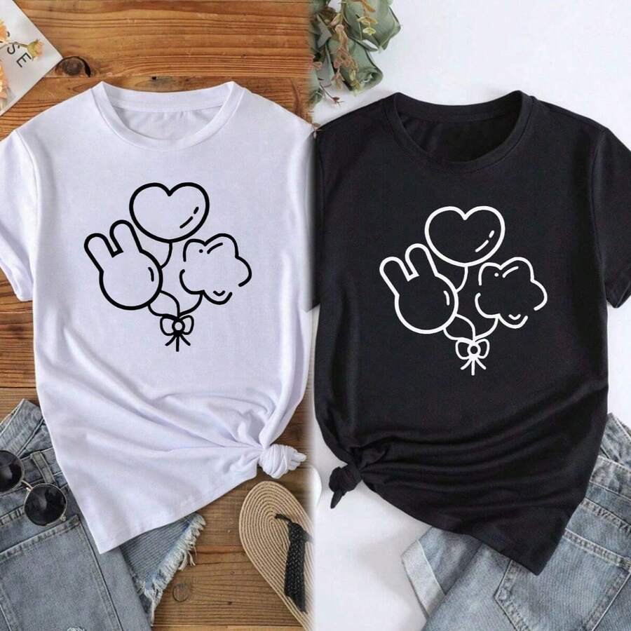 Camiseta de mujer con estampado de triple globo, primavera/verano, holgada y casual - Blanco y Negro - Ver 1