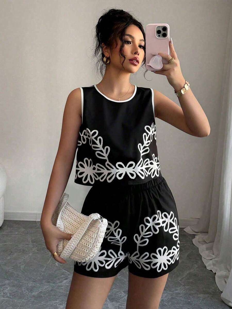 Set de 2 piezas con top sin mangas de estampado gráfico y contraste de color con shorts - Negro - Ver 1