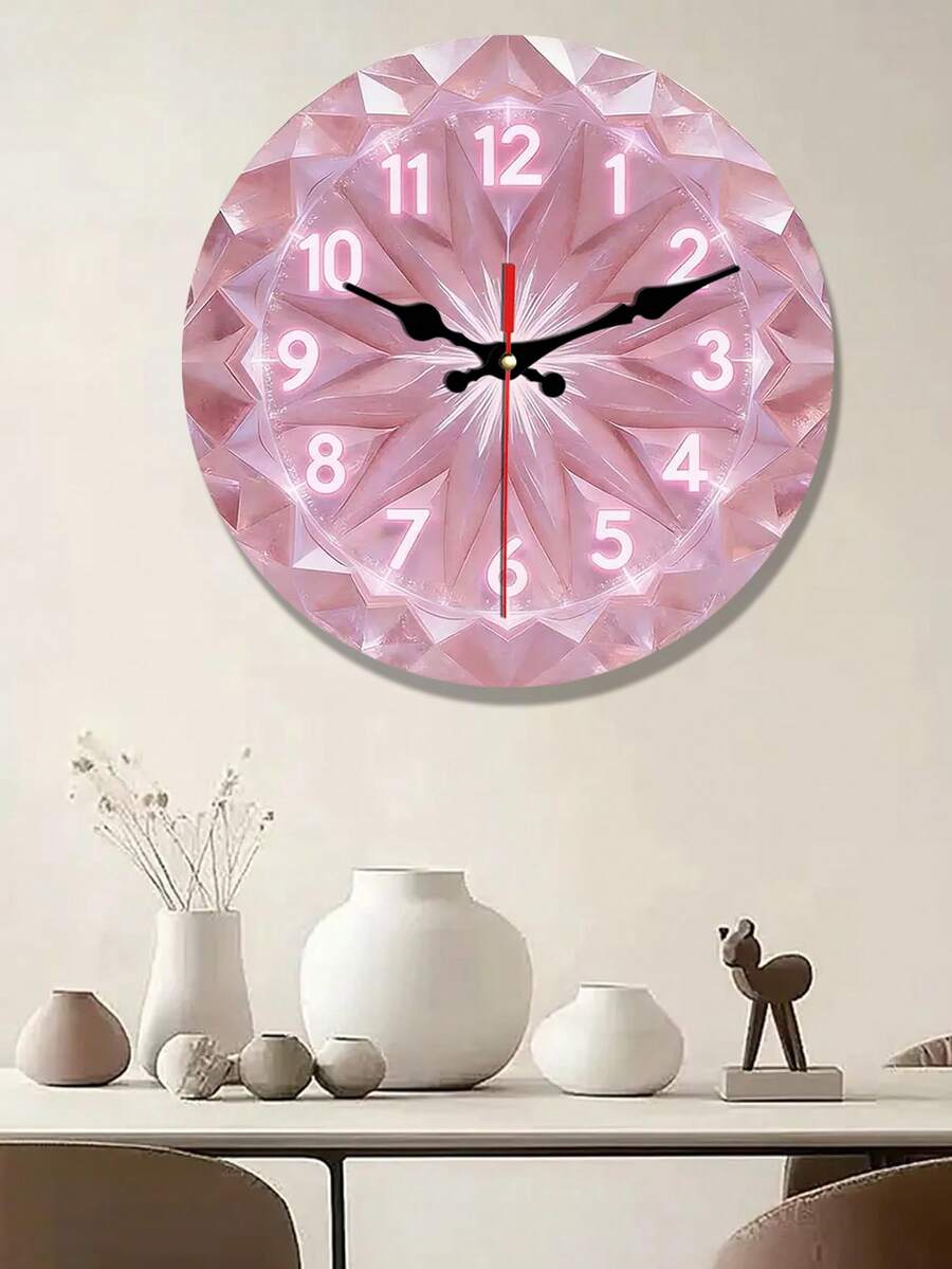 2D Flat Design. 1pc. Pink Diamond Theme Silent Decorative Wall Clock, Creative Wall Clock, Suitable For Bedroom, Living Room, Office Decor, Size 10/12/14 Inches, AA Battery Not Included, 2D Flat - Multicolor - View 1