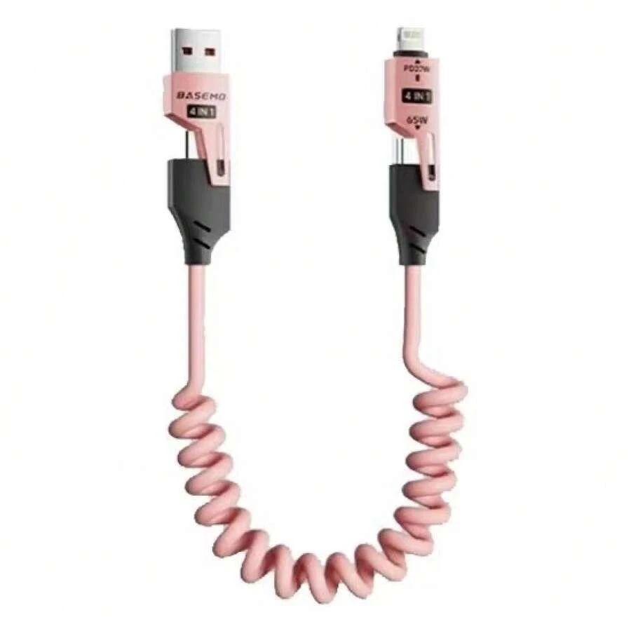 K-TOUCH Car Spring Data Cable, 4 In 1 Type C Super Fast Charging Cord, Retractable USB Charger For Vehicle - Pink - View 1