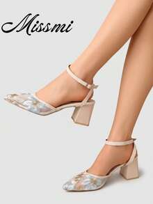 Tacones altos de punta fina con elegante bordado floral de malla, tacón grueso - Azul - Ver 6