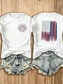 Retro Fireworks Shirt Patriotic T-Shirt, Preppy Coastal Lake T-Shirt, Colorful Summer T-Shirt, Beach Lover Gift Casual T-Shirt Vacation Set For Women - 白色 - 查看 1