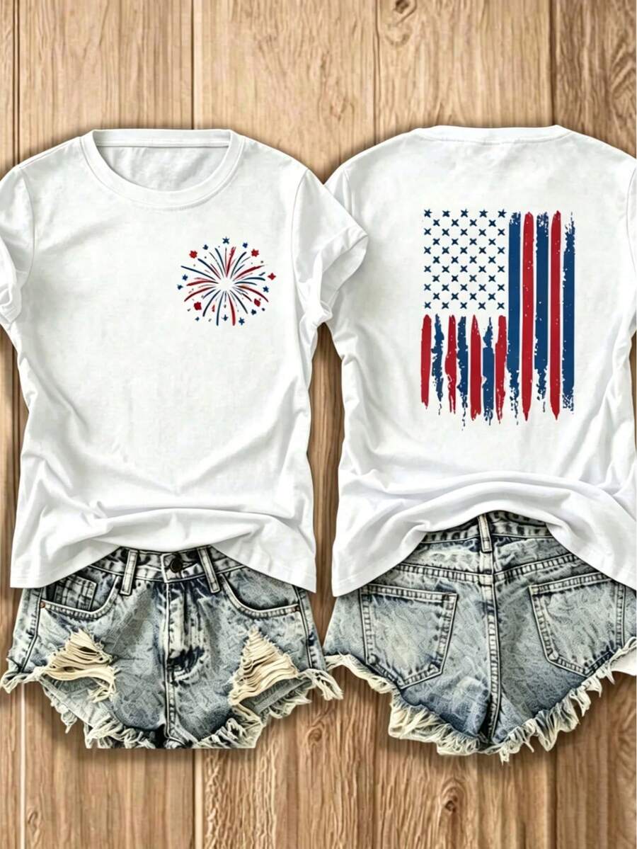 Retro Fireworks Shirt Patriotic T-Shirt, Preppy Coastal Lake T-Shirt, Colorful Summer T-Shirt, Beach Lover Gift Casual T-Shirt Vacation Set For Women - 白色 - 查看 1