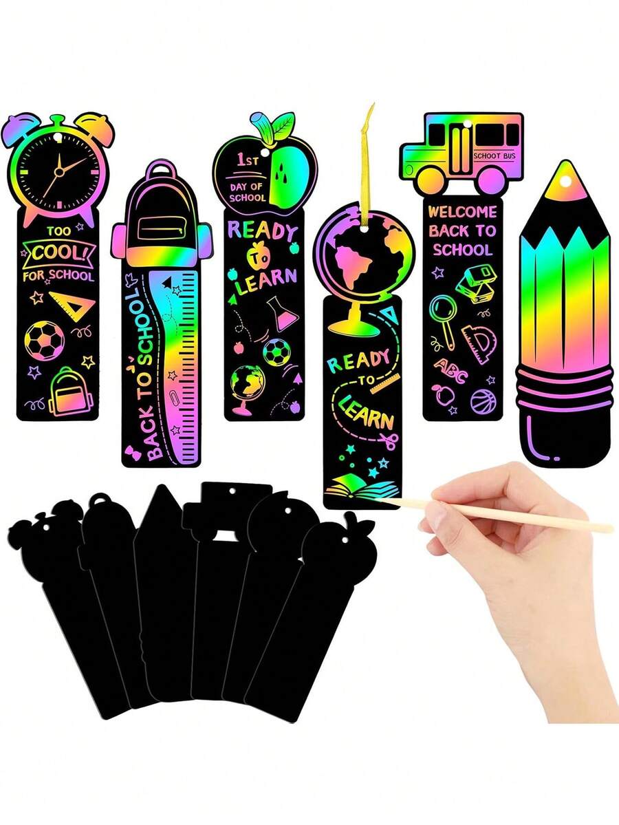 12/24pcs Welcome Back To School Doodle Bookmarks, Rainbow Magic Doodle Paper Craft Back To School DIY Handmade Set, Suitable For Classroom Activities And Party Favors - Multicolor - View 1