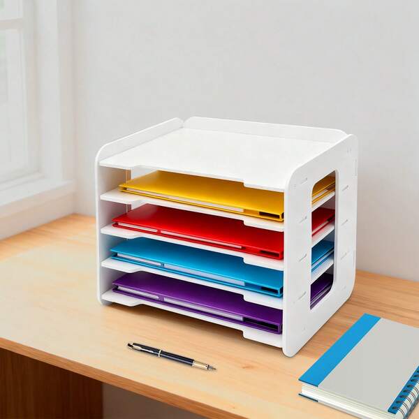 CNCEST Organizador de papel de 5 niveles, soporte apilable para papel de construcción y organizador de archivos de escritorio, bandeja organizadora para álbumes de recortes y cartas para oficina, aula y hogar.