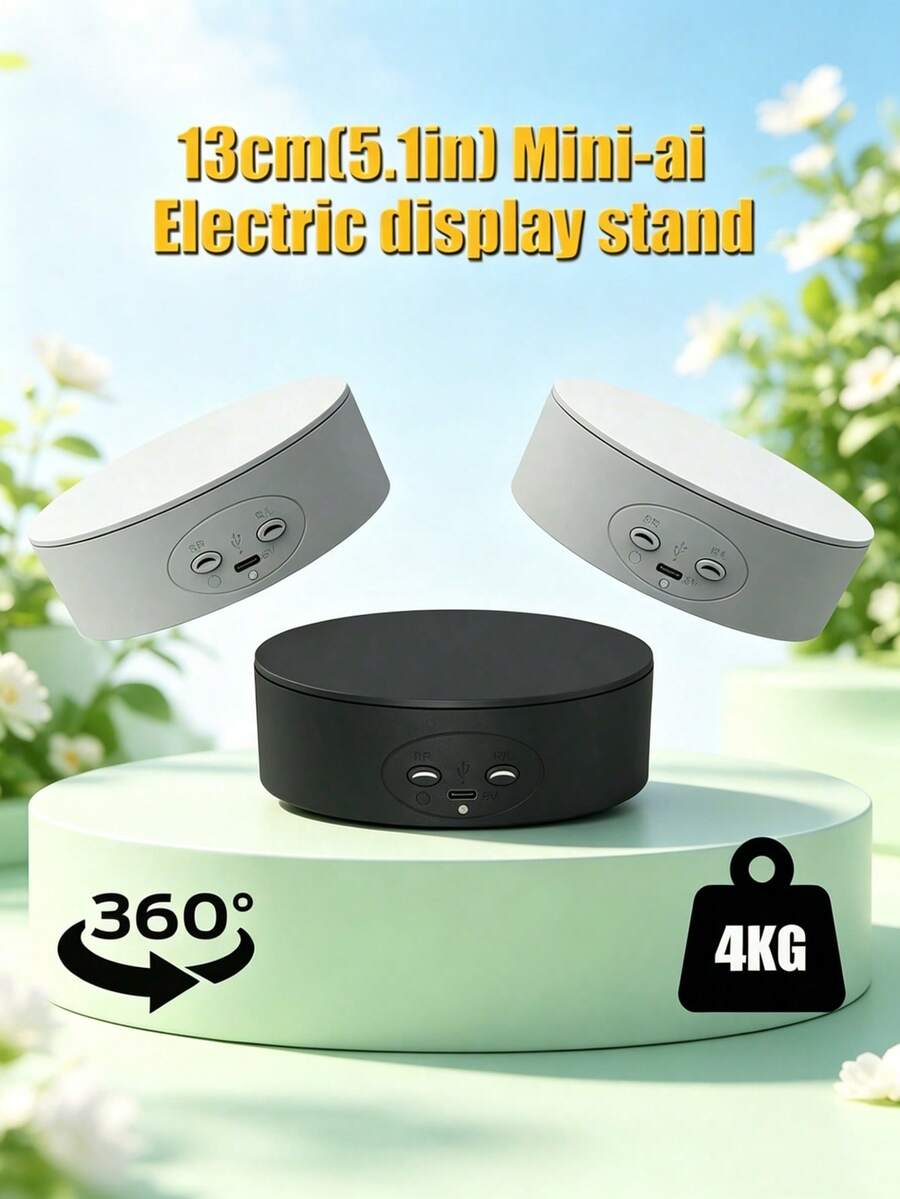 5.1 Inch/13cm Electric 360° Rotating Turntable, Adjustable Speed Electric Rotating Stand, 4kg/8.8lbs Load Capacity, Suitable For Panoramic Photography, Jewelry, Watches And 3D Models, Battery/USB Powered