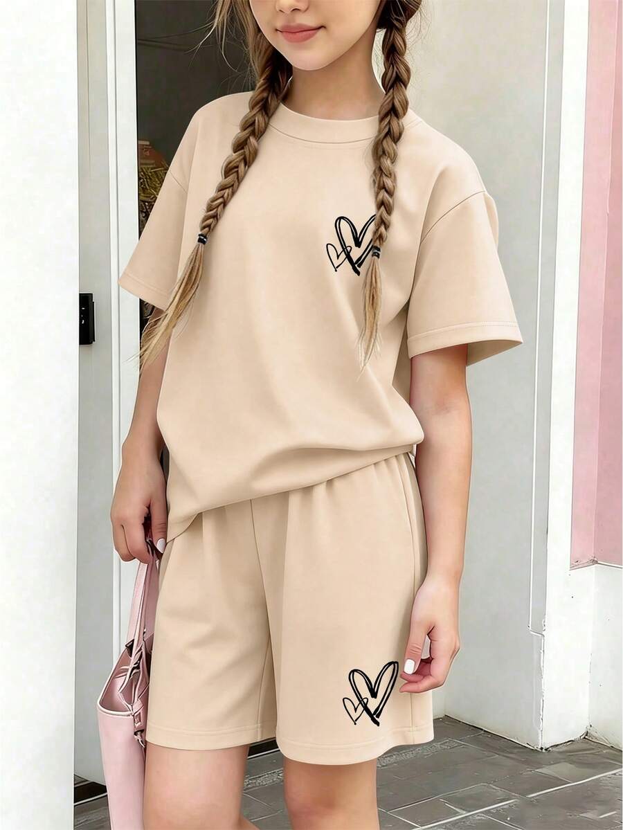 2pcs/Set Teenage Girls' Heart Print Short Sleeve T-Shirt And Shorts Set, Casual Loose Fit, Suitable For Vacation And Shopping Outings, Summer - Apricot - View 1