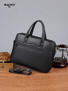 saroxi Tas Laptop Pria, Kapasitas Besar untuk Dokumen dan Perlengkapan Kantor, Gaya Komuter Bisnis, Kulit PU, Tekstur Leci Minimalis Warna Polos, Hadiah untuk Suami, Perlengkapan Penting Musim Gugur - Hitam - View 3