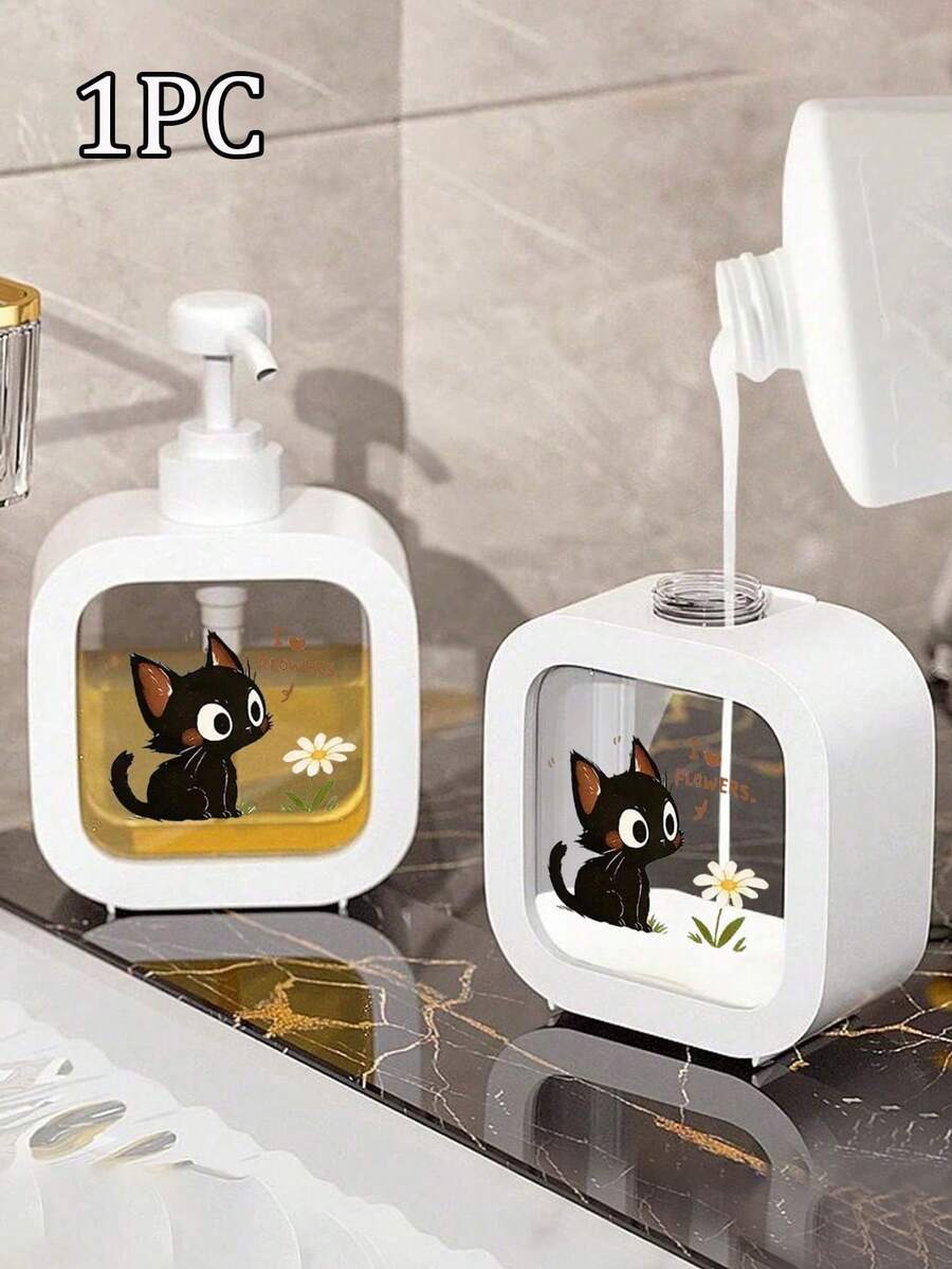1pc Cute Black Cat And Floral Pattern Soap Dispenser Bottle - Reusable Press-Type Dispenser Bottle, Suitable For Dish Soap, Hand Soap, Lotion, Etc., Compact For Kitchen And Bathroom, Ideal Gift For Cat Lovers And Spring Decor - Made Of Plastic Material, Fun Design, Convenient Press-Type Use