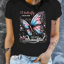 Camiseta de Mujer Butterfly, Cuello Redondo Cómodo, Mezcla de Algodón Casual, Manga Corta, Suave y Transpirable, Ropa de Mujer, Camiseta para Primavera/Verano, Estilo Urbano. - negro - Ver 2