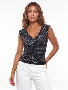 Women's Deep V Neck Tops Summer Short Cap Sleeve Dot Print Trendy Slim Fit T-shirt - Negro - Ver 4