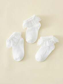 3 pares de calcetines con ribete de encaje, calcetines blancos, calcetines de estudiante, versátiles para todas las estaciones, calcetines de princesa - Blanco - Ver 7