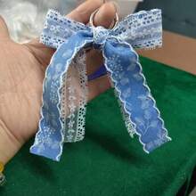 New Denim Effect Bow Lace Fabric Keychain Pendant, Bag/Phone Charm, Small Gift - Baby Blue - View 5