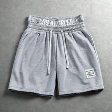 男士美式街頭風洛杉磯晨霧雙腰帶刺繡運動短褲 - 灰色 - 查看 2
