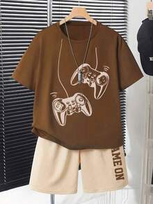 Tween Boy Cartoon Print Round Neck Short Sleeve T-Shirt And Shorts Set - Brown - View 1