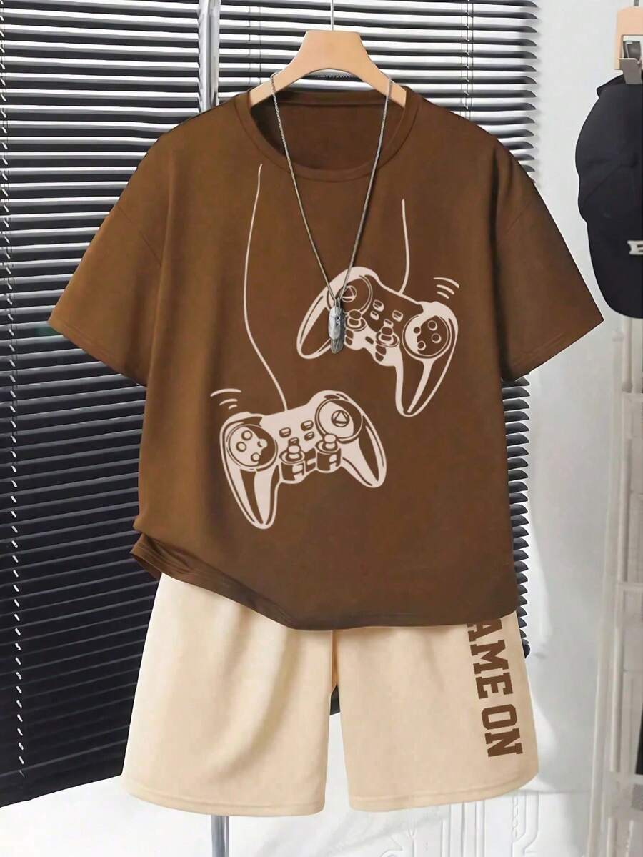 Tween Boy Cartoon Print Round Neck Short Sleeve T-Shirt And Shorts Set - Brown - View 1