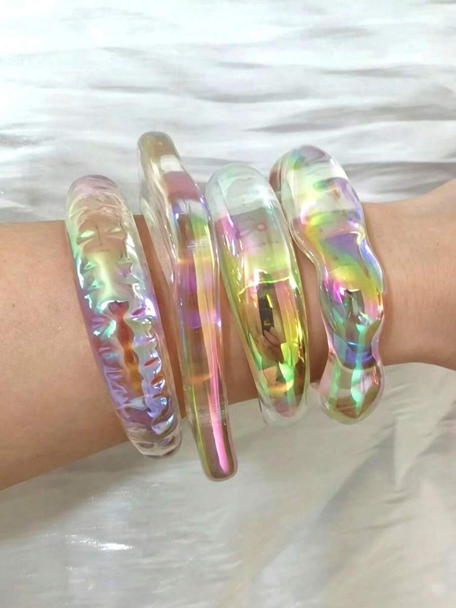 4pcs Iridescent Acrylic Bangle Set, Clear Rainbow Cuff Bracelets - Clear - View 1