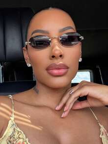 1pc Frameless Oval Small Frame Metal Women's Fashion Glasses Suitable For All Seasons Travel Vacation Beach Accessory - Black - View 1