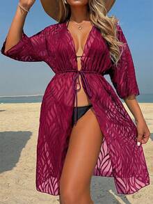 Women's Solid Color Jacquard Woven Off-Shoulder Long Sleeve Loose Fit Beach Cover-Up Vacation Summer - Burgundy - View 5