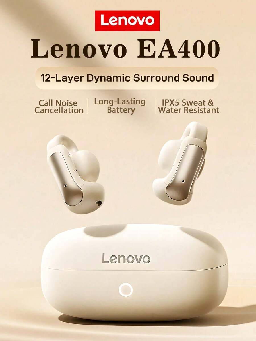 Lenovo سماعات أذن بلوتوث EA400-5.4: تصميم مشبك توصيل بالعظام، عمر بطارية فائق الطول، مقاوم للماء والعرق بمعيار IPX5، إلغاء ضوضاء المكالمات الذكية ENC، سماعات أذن لاسلكية بتوصيل بالعظام، تصميم مفتوح للأذن، مريح للارتداء لفترات طويلة - صخرة القمر البيضاء - مشاهدة 1