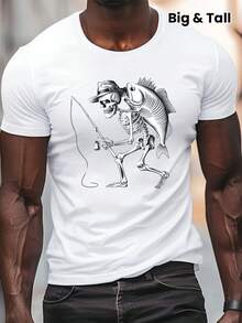 Camiseta casual de hombre, de corte holgado, con estampado de calaveras y pesca,% poliéster, cuello redondo, corte regular, patrón geométrico, manga corta de verano para uso diario. - Negro - Ver 3