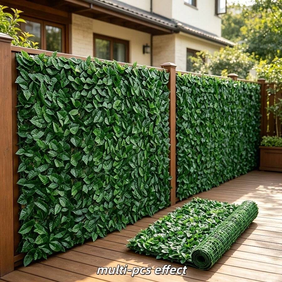 2pcs Artificial Leaf Fence, Total Length 80 Inches, Weather-Resistant PE Plastic Green Hedge, UV-Resistant Privacy Screen, Suitable For Yard, Patio, Balcony, Wall, Garden, Party, Outdoor Wall Decoration, Beautify Outdoor Landscape - Green - View 1