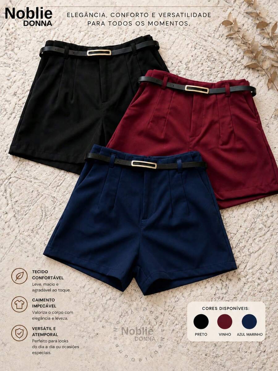 Set Of 3 Women's High-Waisted Tailored Shorts + 1 Free Belt - 1件黑色 1件酒紅色 1件藏藍色 - 查看 1