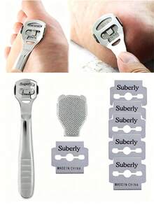 1 Set Foot Razor, Removes Calluses, Heel Hard Skin, Corns, Stainless Steel File, Wood Grain Handle, 10 Blades, Pedicure Tool Set - Multicolor - View 1