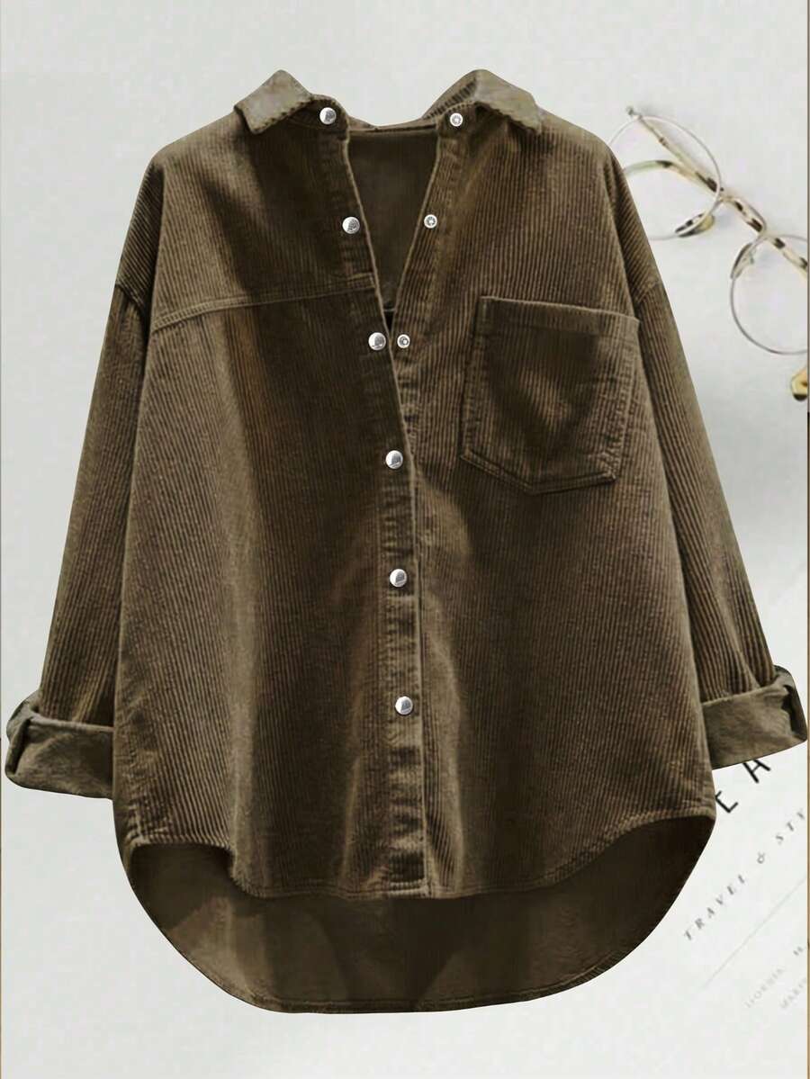 女士时尚涤纶翻领长袖落肩灯芯绒休闲衬衫,不对称下摆配纽扣细节,春季款 - 軍綠色拼接 - 查看 1