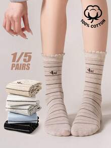 1/5 paires de chaussettes mi-mollet en coton pour femmes, motif chien de dessin animé mignon, haute élasticité & confortables, multicolores, pour le port quotidien & professionnel, toutes saisons - Multicolore - Voir 1